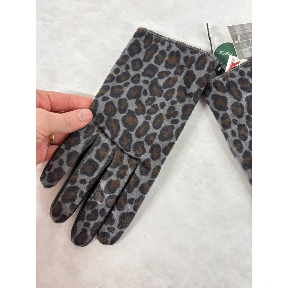 CII Fashion Accessories Women Leopard Faux Fur Leather Palm Gloves Grey‎ Large
